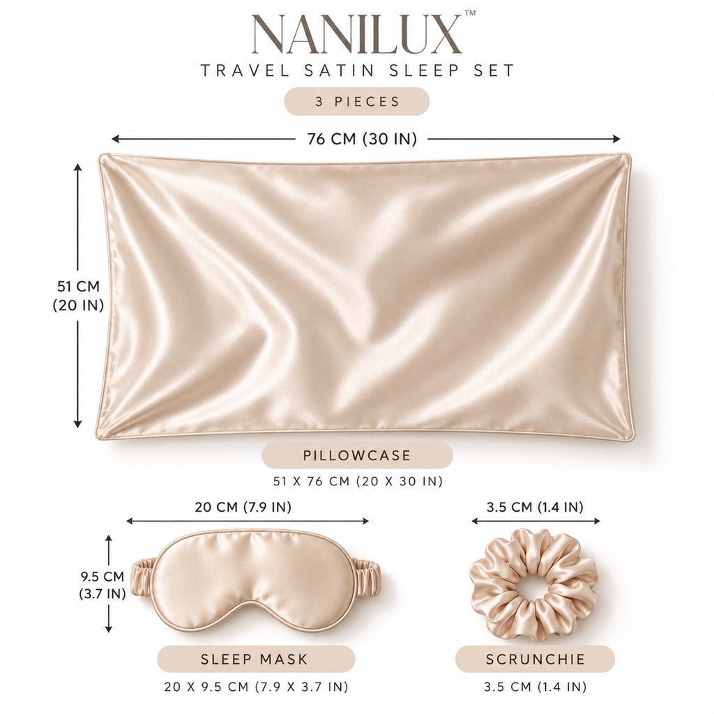 NANILUX Satin Travel Set – Pillowcase, Sleep Mask & Scrunchie