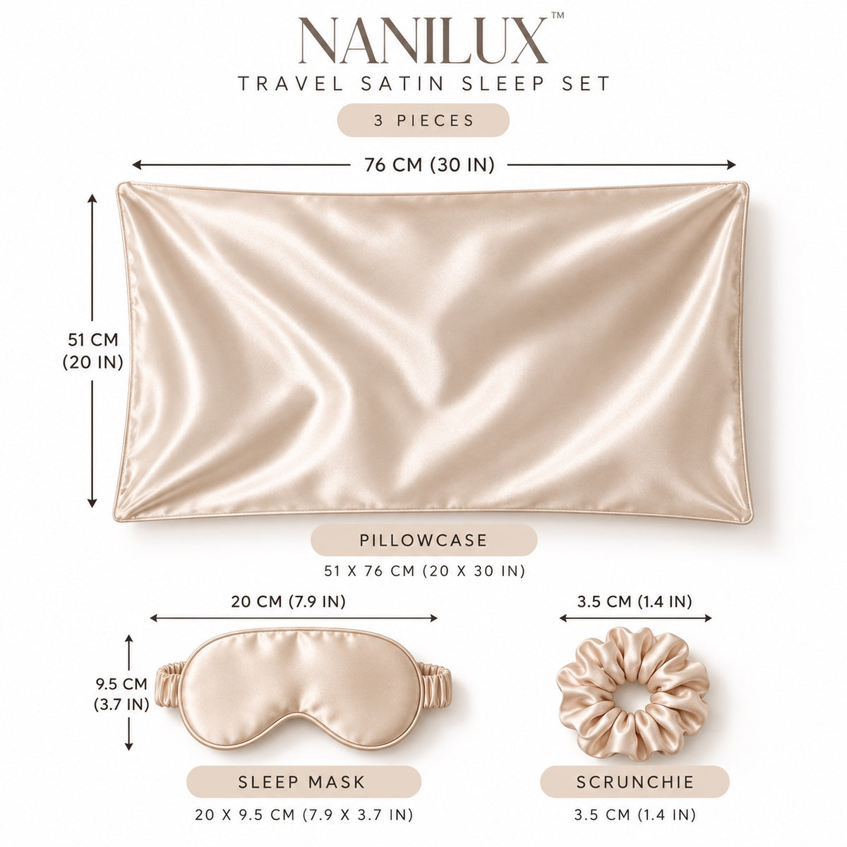 NANILUX Satin Travel Set – Pillowcase, Sleep Mask & Scrunchie