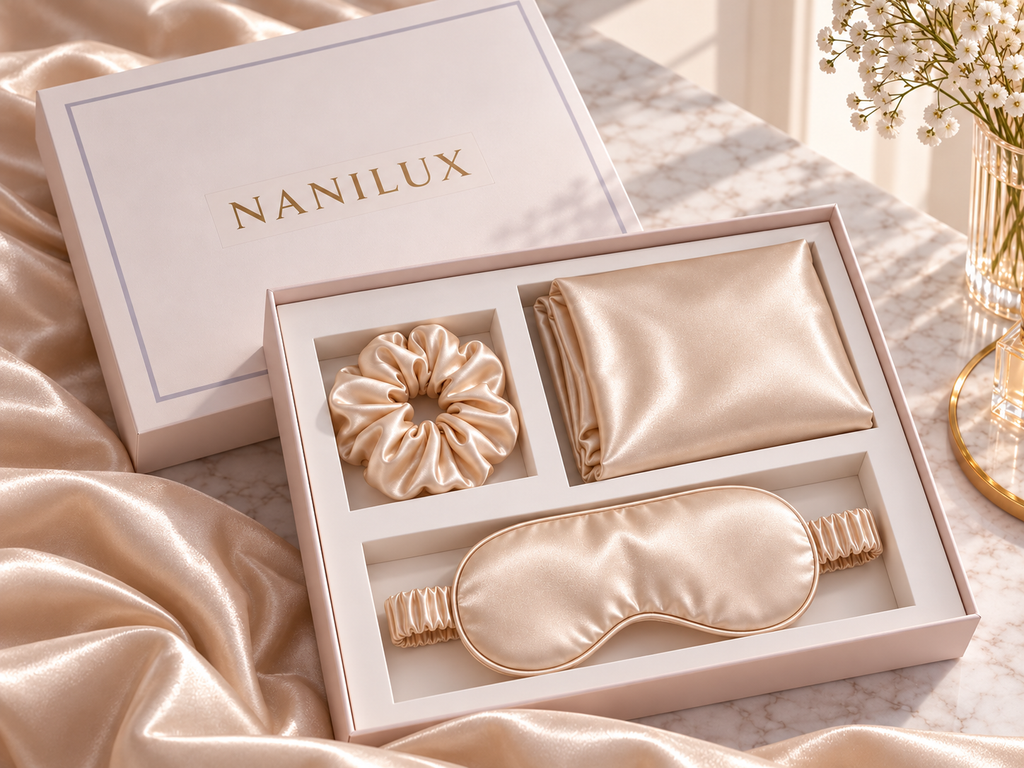 NANILUX Satin Travel Set – Pillowcase, Sleep Mask & Scrunchie