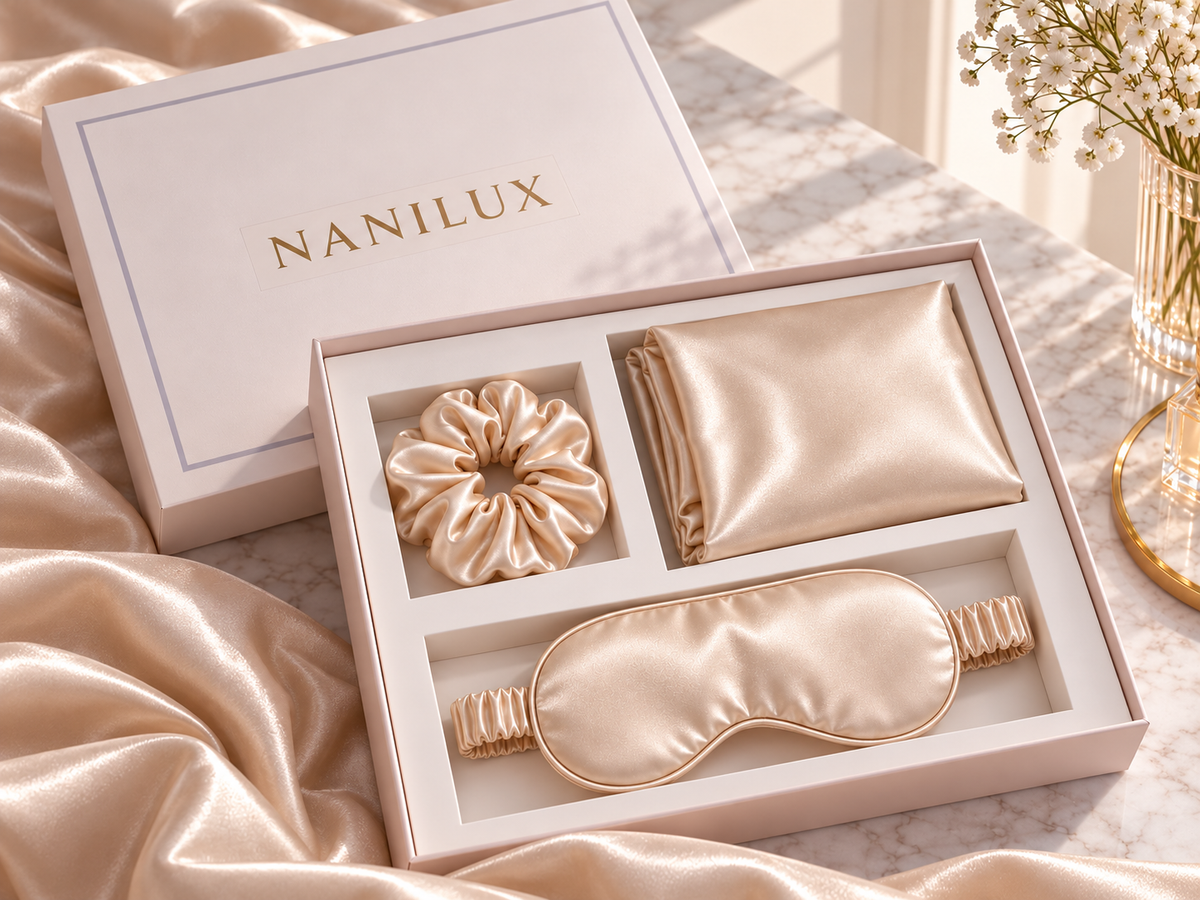 NANILUX Satin Travel Set – Pillowcase, Sleep Mask & Scrunchie