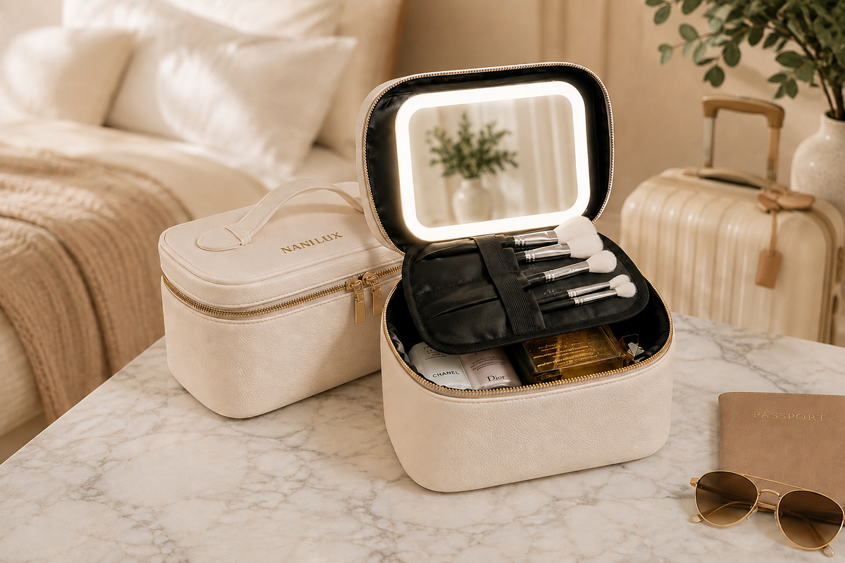 NANILUX LED Travel Makeup Organizer Bag with Rechargeable Mirror & Removable Center Divider