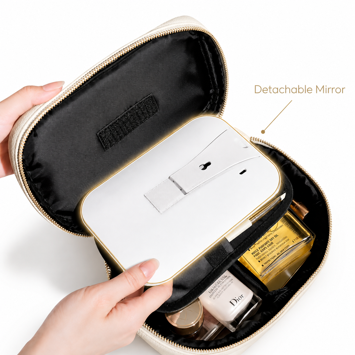 NANILUX LED Travel Makeup Organizer Bag with Rechargeable Mirror & Removable Center Divider