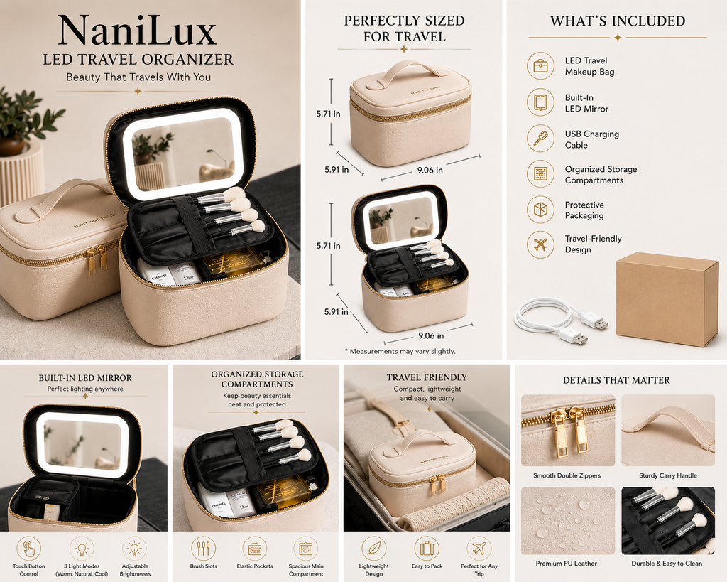 NANILUX LED Travel Makeup Organizer Bag with Rechargeable Mirror & Adjustable Compartment