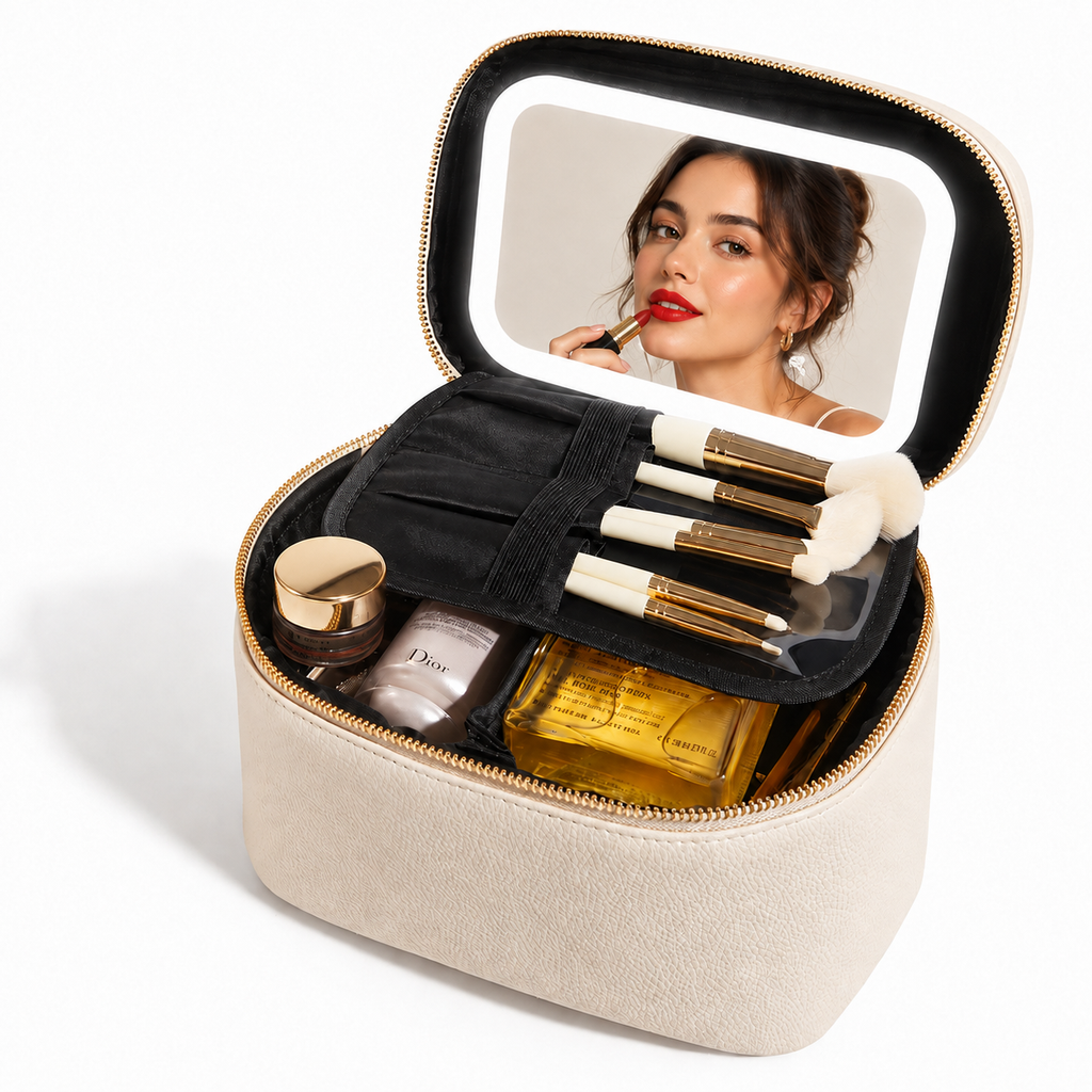 NANILUX LED Travel Makeup Organizer Bag with Rechargeable Mirror & Removable Center Divider