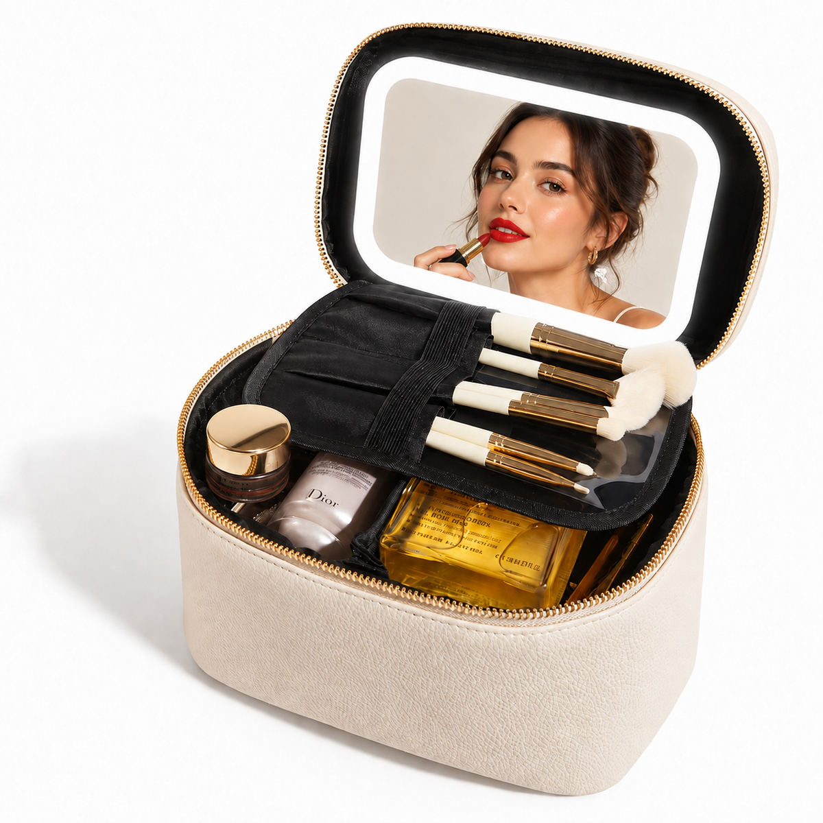 NANILUX LED Travel Makeup Organizer Bag with Rechargeable Mirror & Removable Center Divider