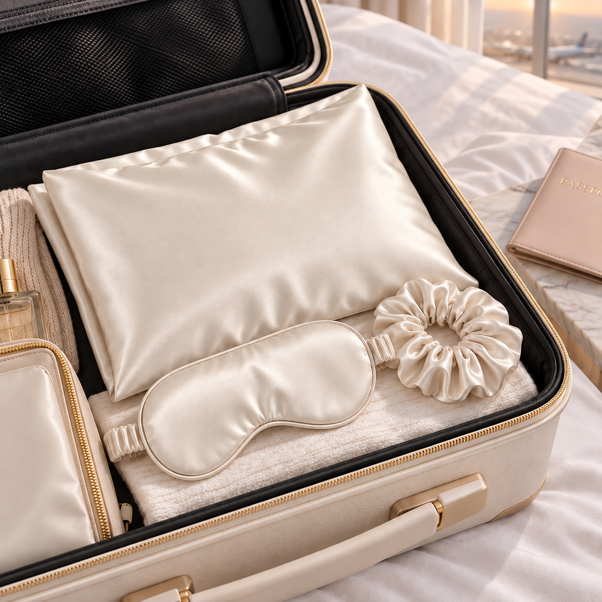 NANILUX Satin Travel Set – Pillowcase, Sleep Mask & Scrunchie