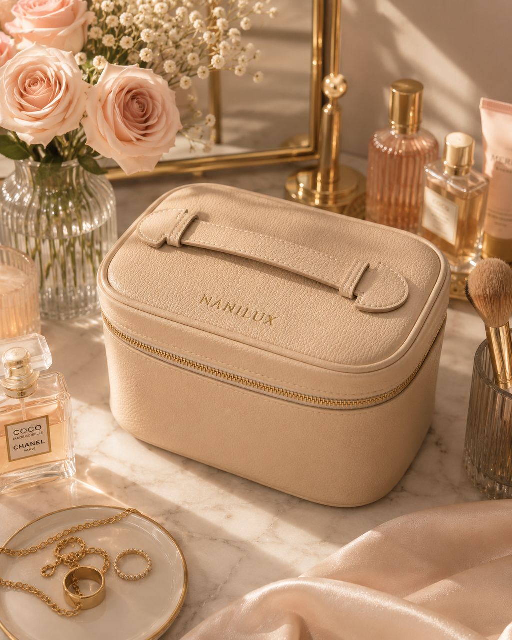 NANILUX LED Travel Makeup Organizer Bag with Rechargeable Mirror & Adjustable Compartment