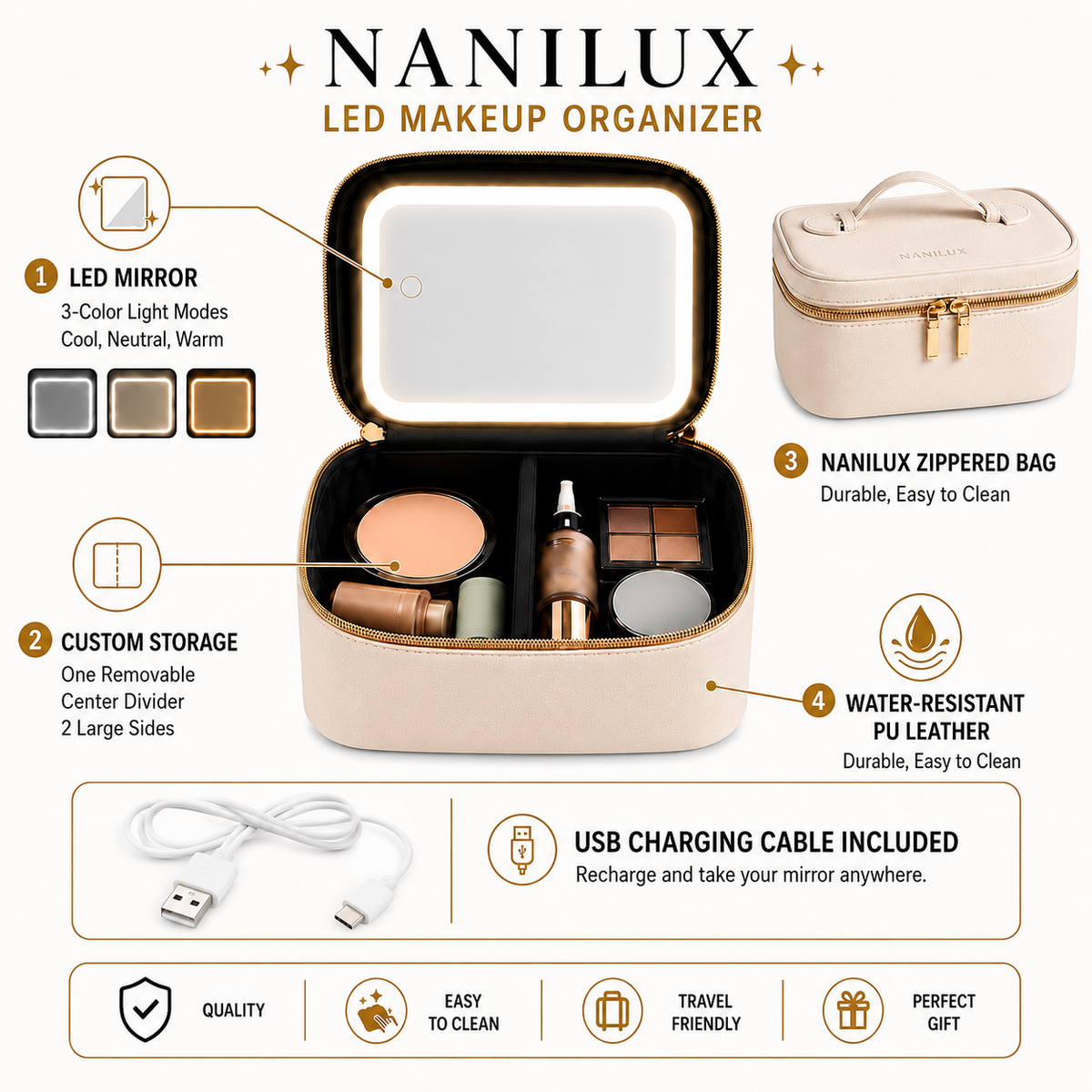 NANILUX LED Travel Makeup Organizer Bag with Rechargeable Mirror & Removable Center Divider