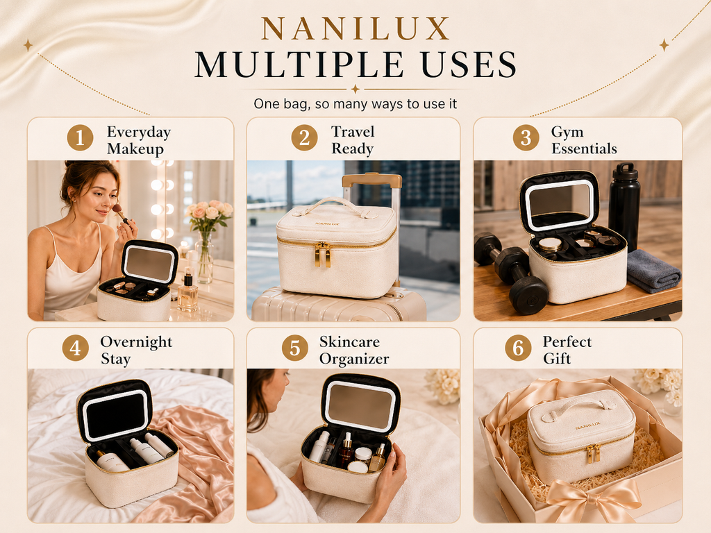 NANILUX LED Travel Makeup Organizer Bag with Rechargeable Mirror & Removable Center Divider