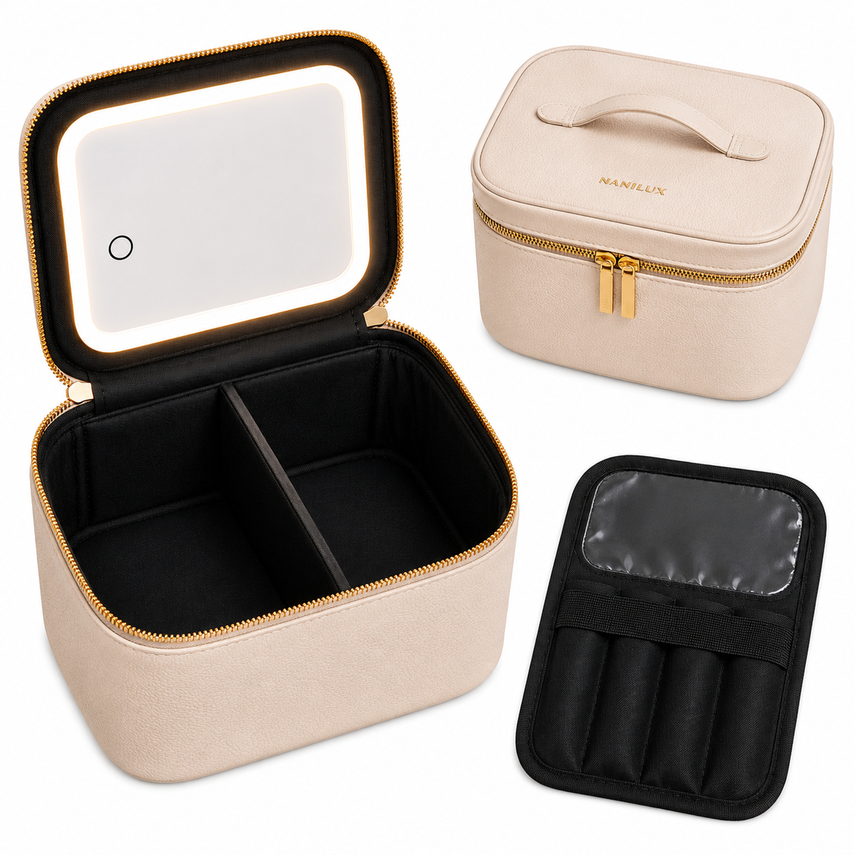 NANILUX LED Travel Makeup Organizer Bag with Rechargeable Mirror & Removable Center Divider