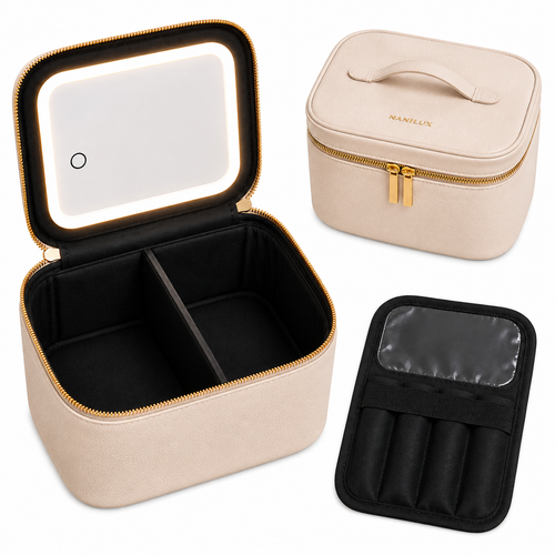 NANILUX LED Travel Makeup Organizer Bag with Rechargeable Mirror & Removable Center Divider