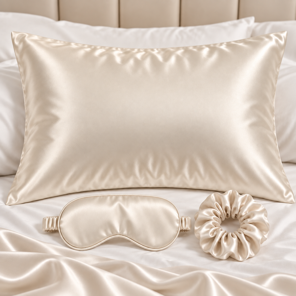 NANILUX Satin Travel Set – Pillowcase, Sleep Mask & Scrunchie