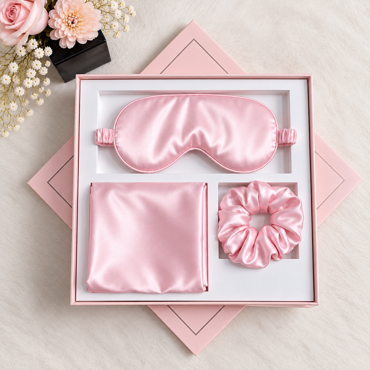 NANILUX Satin Travel Set – Pillowcase, Sleep Mask & Scrunchie