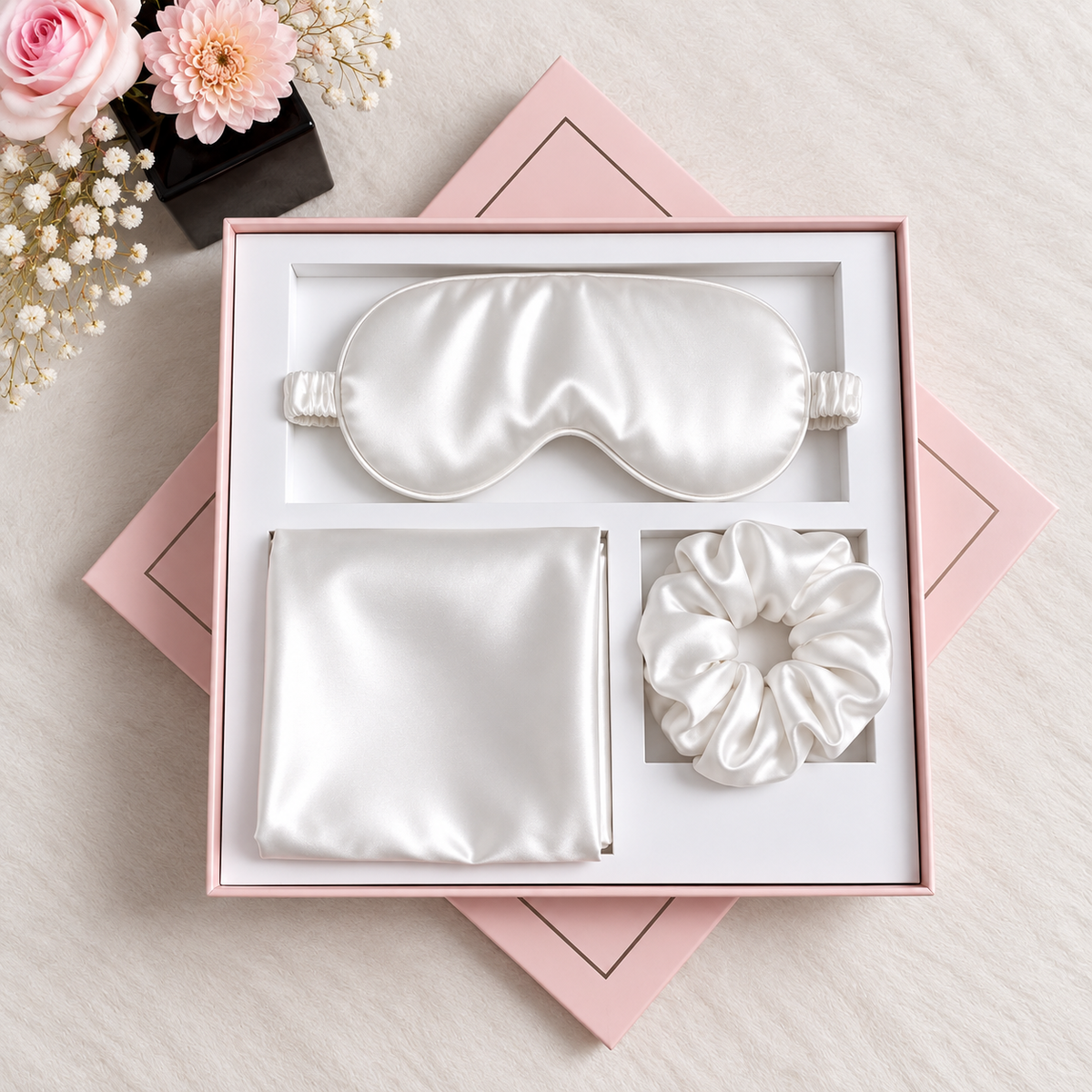 NANILUX Satin Travel Set – Pillowcase, Sleep Mask & Scrunchie