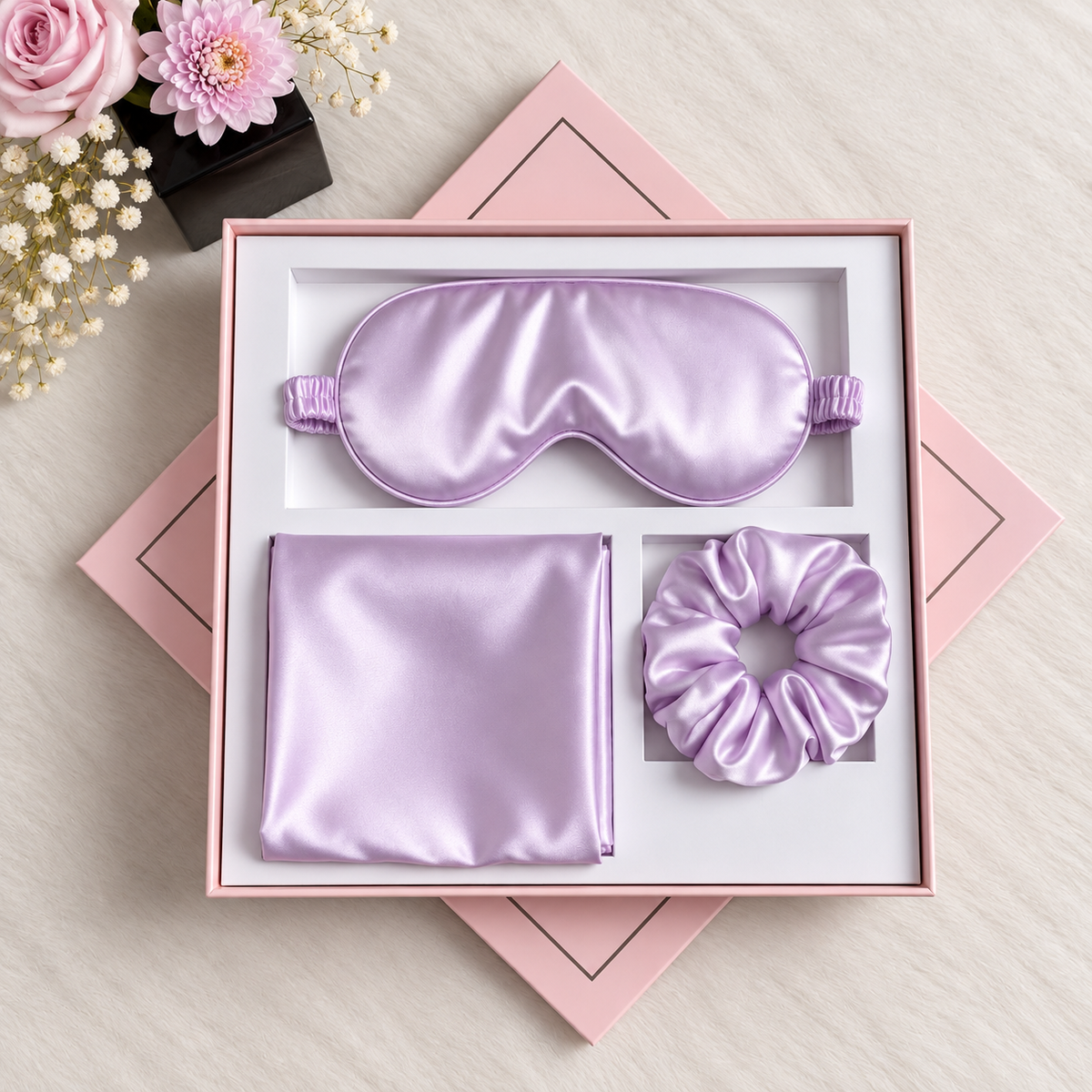 NANILUX Satin Travel Set – Pillowcase, Sleep Mask & Scrunchie