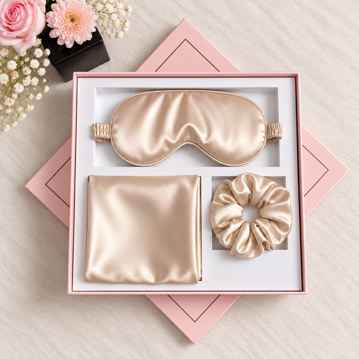 NANILUX Satin Travel Set – Pillowcase, Sleep Mask & Scrunchie