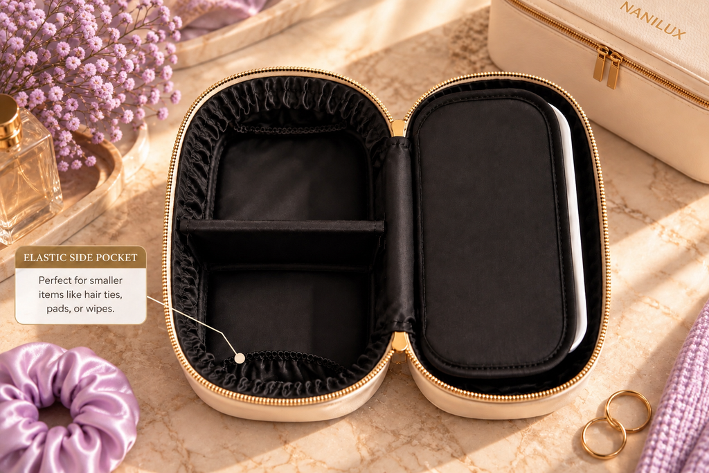 NANILUX LED Travel Makeup Organizer Bag with Rechargeable Mirror & Removable Center Divider