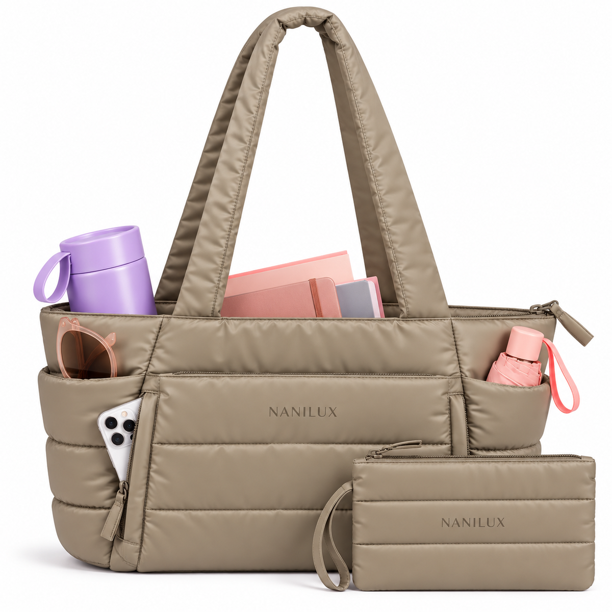 NANILUX Puffer Tote Bag for Women, Quilted Travel Work Bag with Zipper, Compartments & Matching Pouch