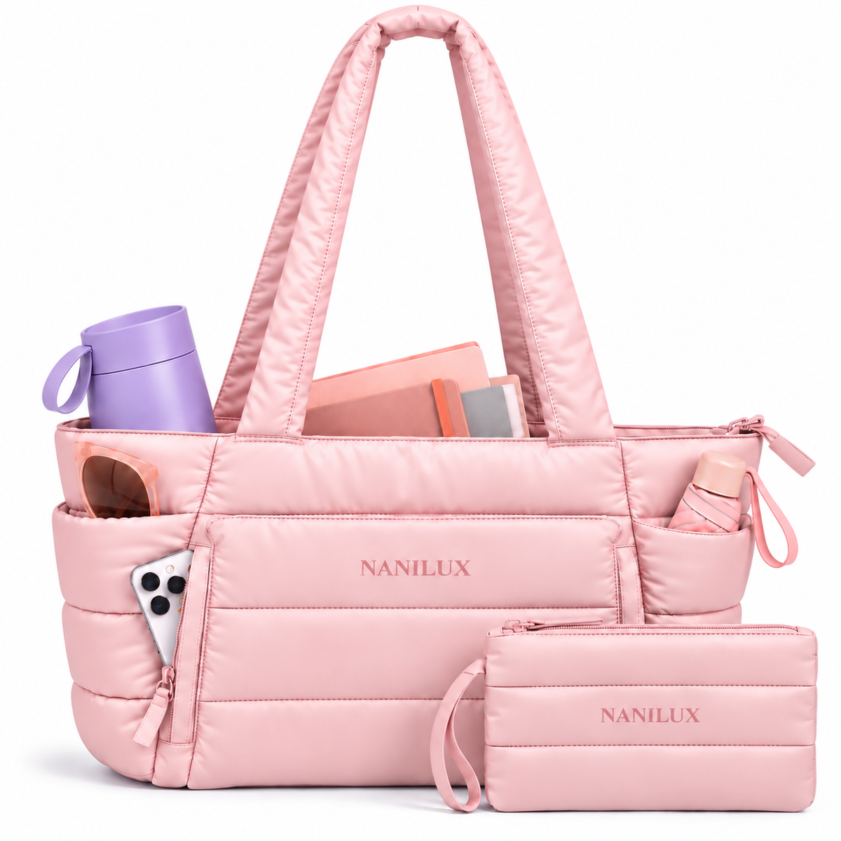 NANILUX Puffer Tote Bag for Women, Quilted Travel Work Bag with Zipper, Compartments & Matching Pouch