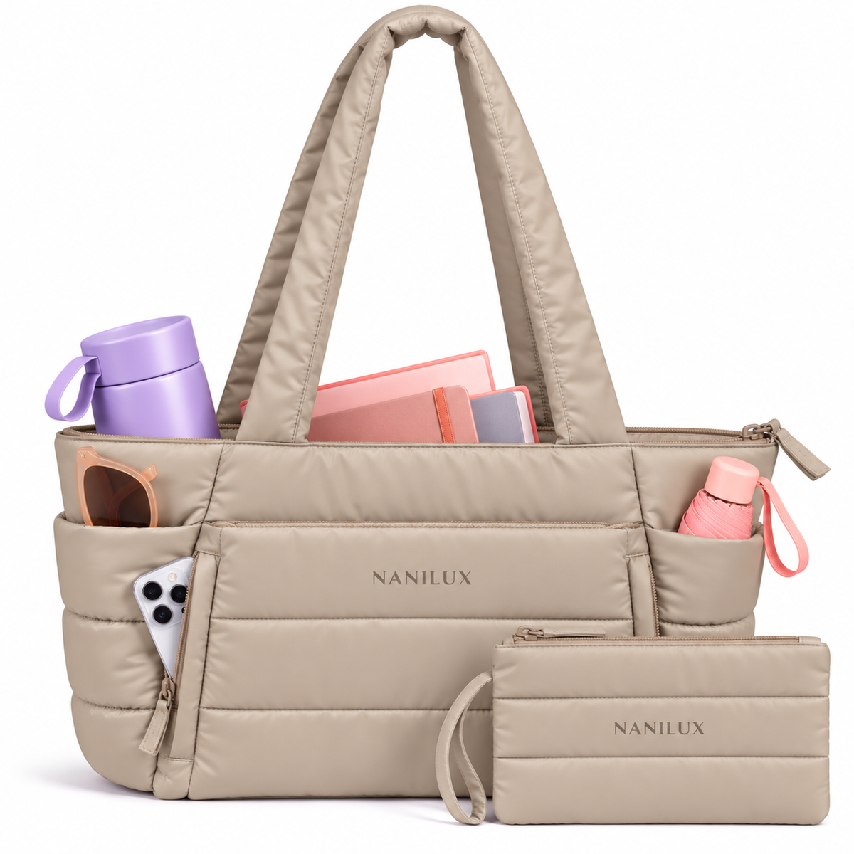 NANILUX Puffer Tote Bag for Women, Quilted Travel Work Bag with Zipper, Compartments & Matching Pouch