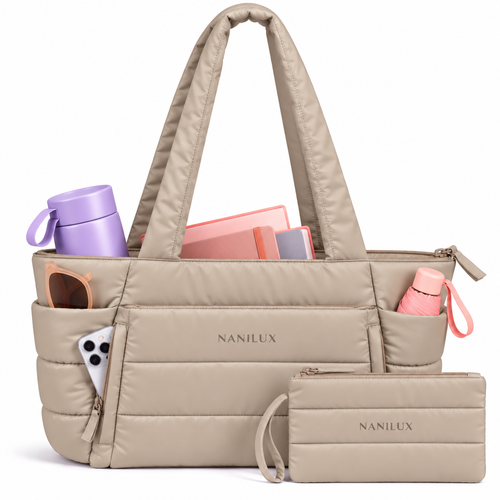 NANILUX Puffer Tote Bag for Women, Quilted Travel Work Bag with Zipper, Compartments & Matching Pouch