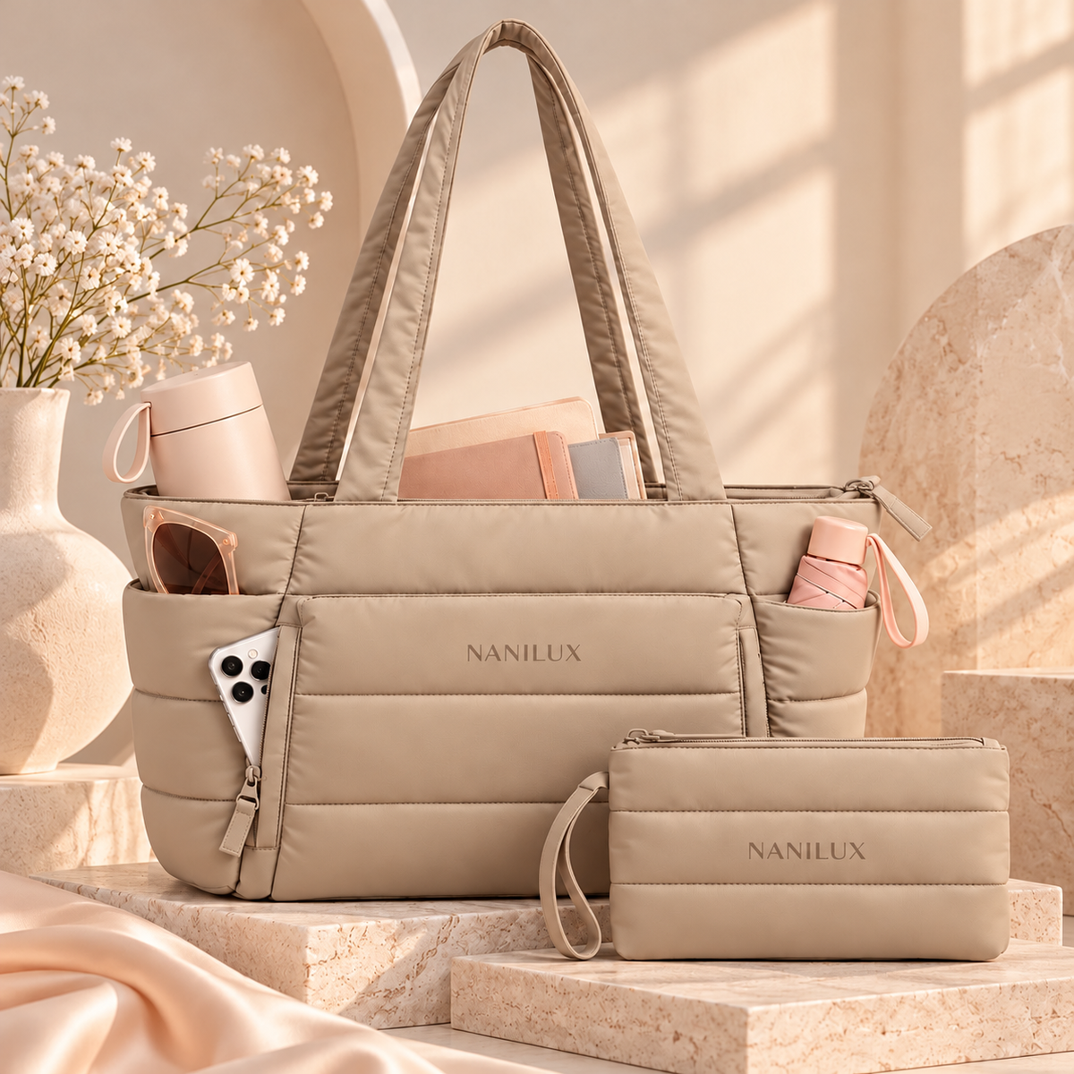 NANILUX Puffer Tote Bag for Women, Quilted Travel Work Bag with Zipper, Compartments & Matching Pouch