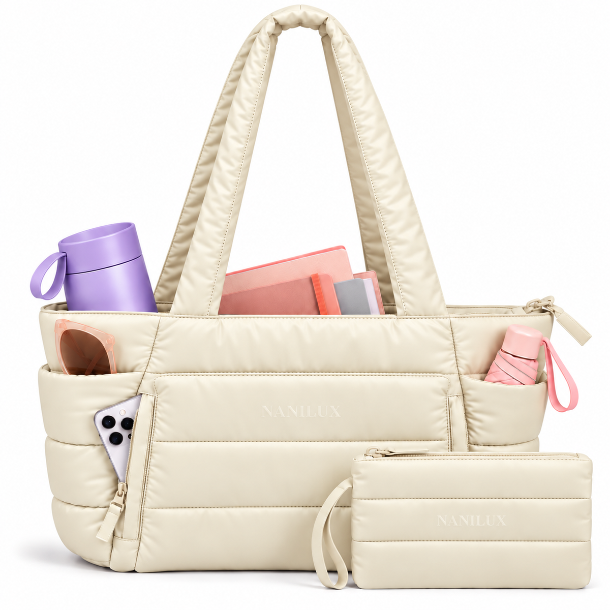 NANILUX Puffer Tote Bag for Women, Quilted Travel Work Bag with Zipper, Compartments & Matching Pouch
